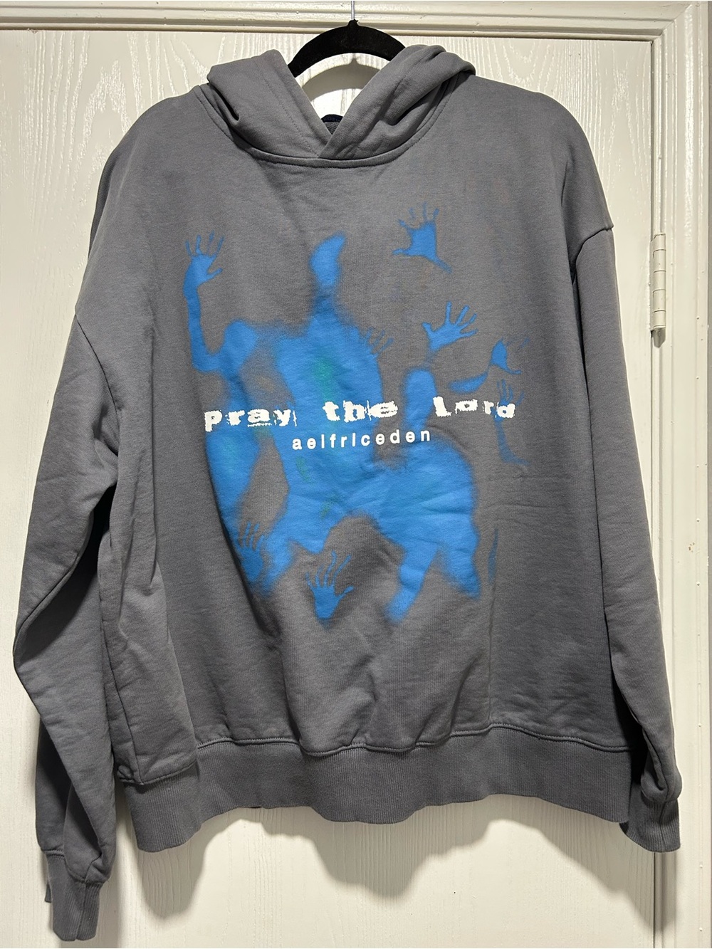 Aelfric Eden Unisex Pray The Lord Gray Hoodie with Blue Hand Print Graphic Sz M